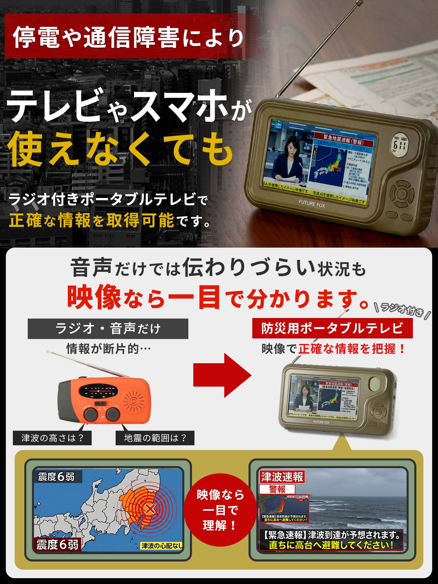 防災】ラジオ付き ポータブルテレビ 【予約販売：6月中旬から順次発送